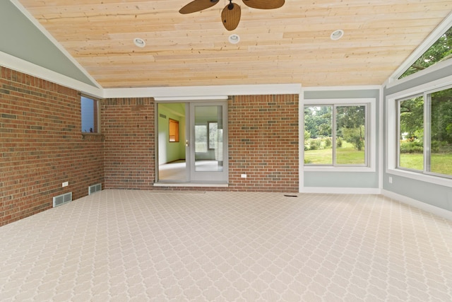 7184 Steeplechase Dr, Saline, MI 48176 - unfurnished sunroom featuring wood ceiling, vaulted ceiling, ceiling fan, and brick wall