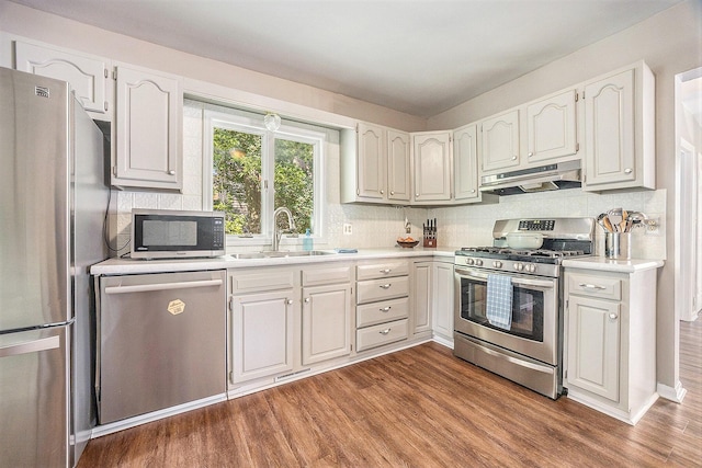 416 Kent St, Lowell, MI 49331 - kitchen featuring appliances with stainless steel finishes, exhaust hood, wood finished floors, light countertops, and tasteful backsplash