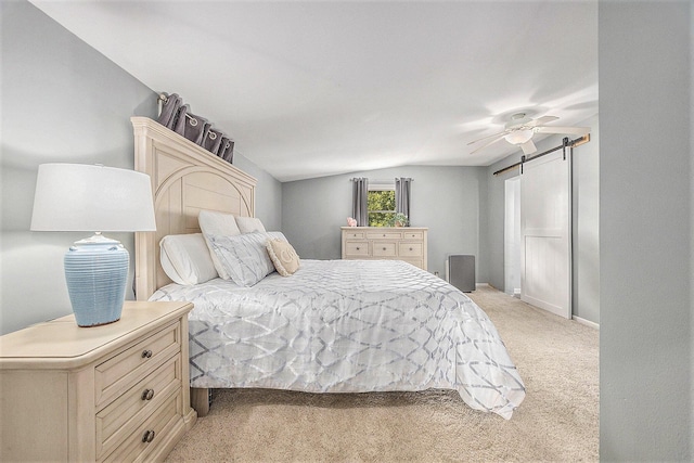 416 Kent St, Lowell, MI 49331 - bedroom featuring light carpet, lofted ceiling, a barn door, and ceiling fan