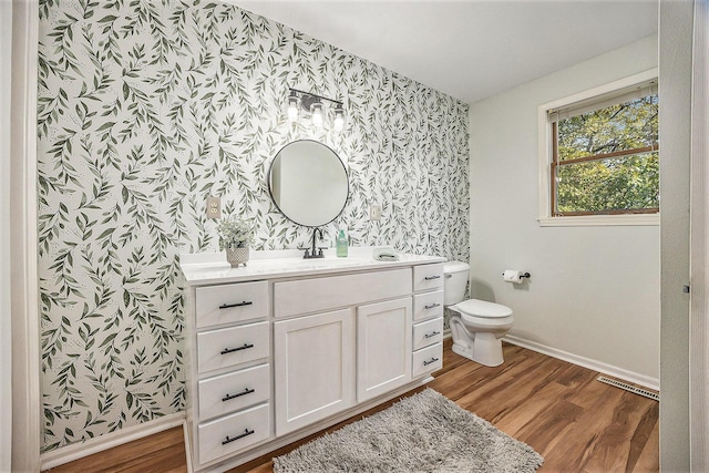 416 Kent St, Lowell, MI 49331 - bathroom featuring wallpapered walls, an accent wall, vanity, and wood finished floors