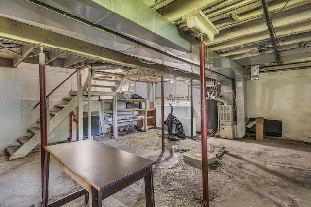 843 Center St, Jackson, MI 49202 - unfinished basement with stairs, washing machine and clothes dryer, heating unit, and gas water heater