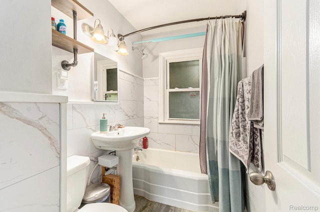 15042 Charles R Ave, Eastpointe, MI 48021 - full bathroom featuring shower / tub combo, tile walls, and wood finished floors