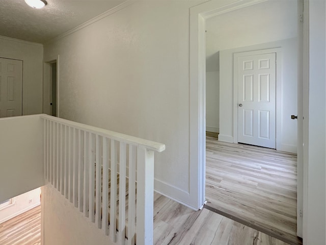 1006 Madison St, Three Rivers, MI 49093 - hall featuring an upstairs landing, wood finished floors, crown molding, and a textured ceiling