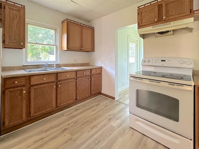 1006 Madison St, Three Rivers, MI 49093 - kitchen with white range with electric cooktop, brown cabinetry, under cabinet range hood, light wood finished floors, and a drop ceiling