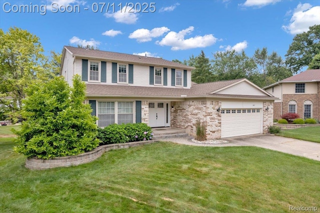 3417 Palm Aire Ct, Rochester Hills, MI 48309 - traditional-style house featuring a garage, concrete driveway, a front yard, and brick siding