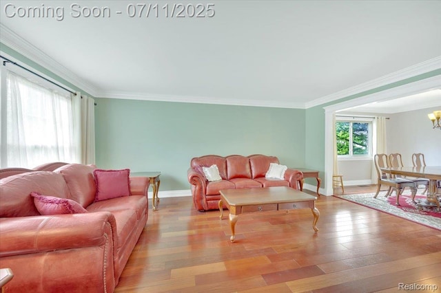 3417 Palm Aire Ct, Rochester Hills, MI 48309 - living room with light wood-style flooring, ornamental molding, and a chandelier