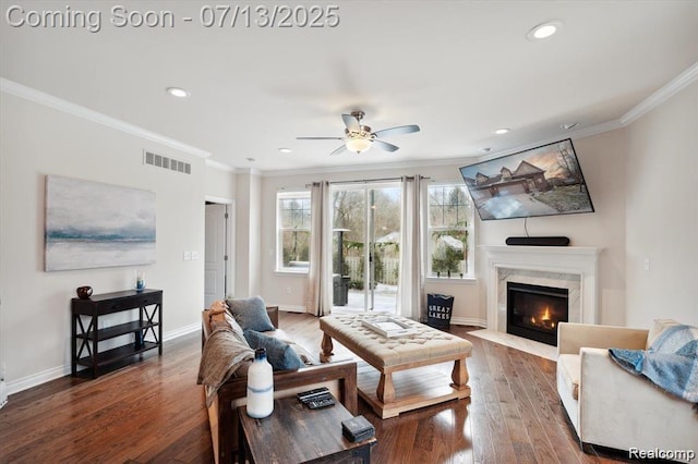 42384 Gateway Dr, Plymouth, MI 48170 - living area with a ceiling fan, crown molding, wood finished floors, a fireplace, and recessed lighting