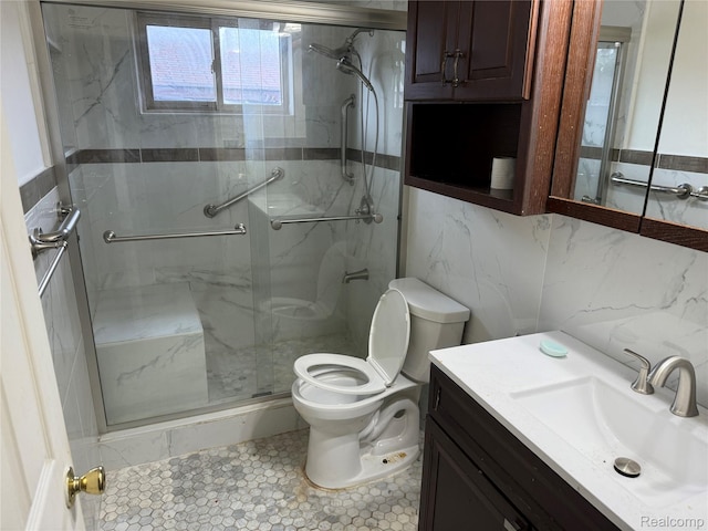 16061 Common Rd, Roseville, MI 48066 - full bathroom featuring a marble finish shower, vanity, and tile walls