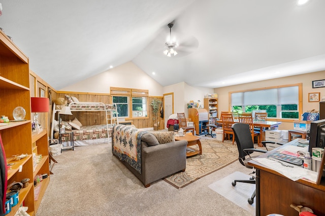 76 Meceola Ct, Hersey, MI 49639 - carpeted office space featuring a ceiling fan, vaulted ceiling, healthy amount of natural light, and recessed lighting