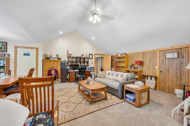 76 Meceola Ct, Hersey, MI 49639 - living room with a ceiling fan, lofted ceiling, a desk, carpet flooring, and recessed lighting