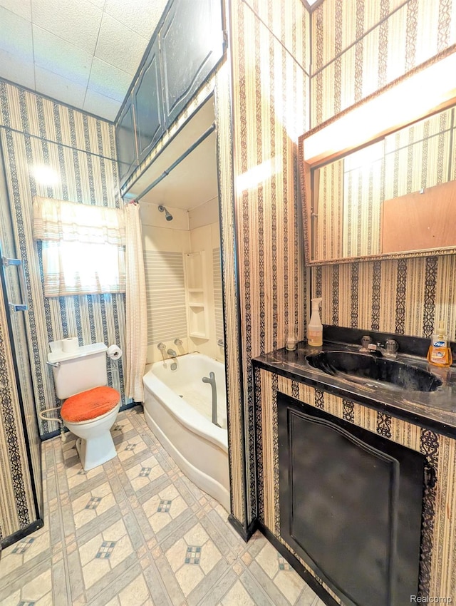 1402 Allen St, Burton, MI 48529 - bathroom with wallpapered walls, shower / bath combination with curtain, and vanity