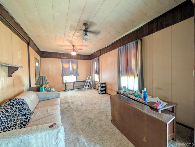 1402 Allen St, Burton, MI 48529 - living area featuring carpet, ceiling fan, and wooden walls
