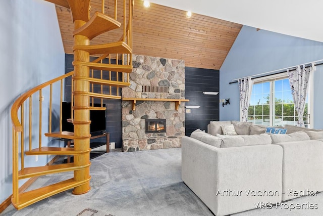 331 Conkey Dr, Michigan, MI 48834 - carpeted living area with high vaulted ceiling, stairway, wooden ceiling, and a fireplace