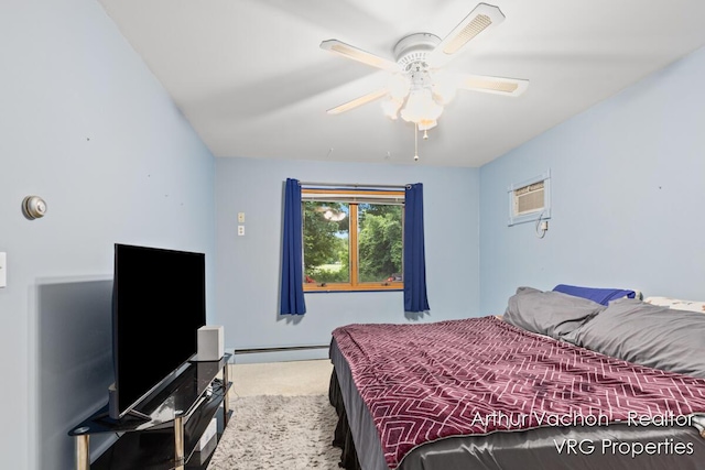 331 Conkey Dr, Michigan, MI 48834 - carpeted bedroom featuring a baseboard heating unit, a wall unit AC, and ceiling fan