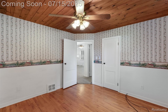 20225 Shady Lane Ave, Saint Clair Shores, MI 48080 - empty room with wallpapered walls, a ceiling fan, wood finished floors, and wooden ceiling