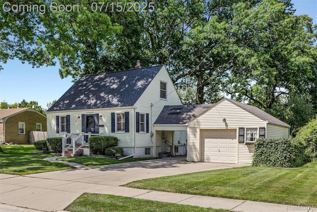 20225 Shady Lane Ave, Saint Clair Shores, MI 48080 - cape cod-style house featuring driveway, a front yard, a shingled roof, and a garage