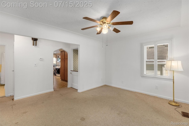 20225 Shady Lane Ave, Saint Clair Shores, MI 48080 - empty room featuring arched walkways, ceiling fan, carpet, and a textured ceiling