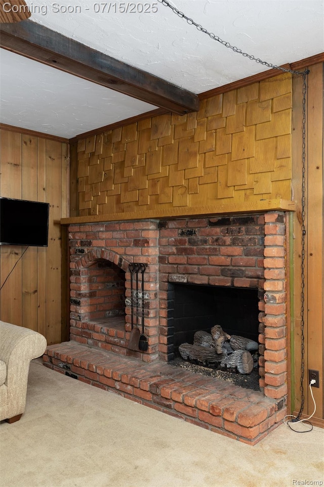 20225 Shady Lane Ave, Saint Clair Shores, MI 48080 - unfurnished living room featuring a fireplace, wooden walls, carpet flooring, and beamed ceiling