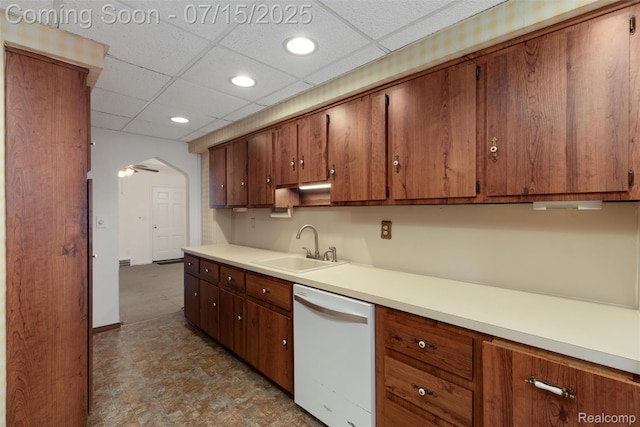 20225 Shady Lane Ave, Saint Clair Shores, MI 48080 - kitchen with white dishwasher, arched walkways, a paneled ceiling, recessed lighting, and light countertops