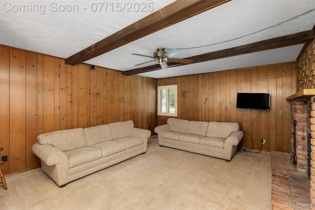 20225 Shady Lane Ave, Saint Clair Shores, MI 48080 - carpeted living area featuring beamed ceiling, wooden walls, and ceiling fan