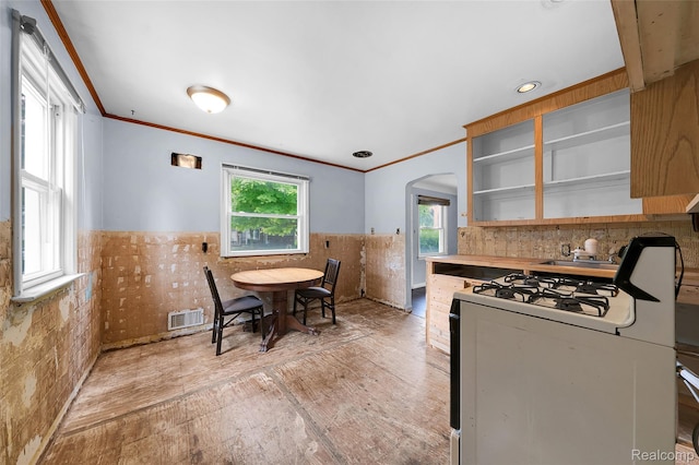 18379 Hazelwood St, Roseville, MI 48066 - kitchen with white gas range, ornamental molding, wainscoting, arched walkways, and open shelves