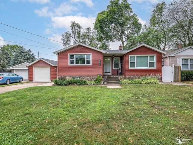 5825 Edgewood Blvd, Monroe, MI 48161 - ranch-style house featuring driveway, a chimney, a front lawn, and a detached garage
