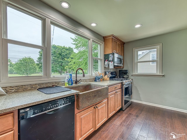 5825 Edgewood Blvd, Monroe, MI 48161 - kitchen with stainless steel appliances, dark wood-style flooring, brown cabinets, recessed lighting, and backsplash