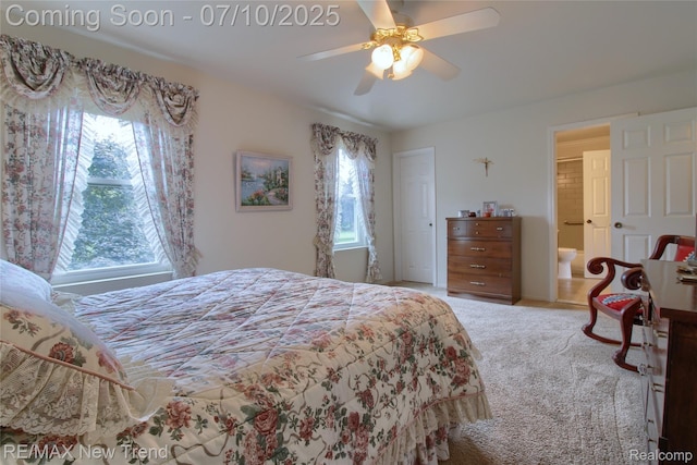 21905 Roxbury Dr, Novi, MI 48374 - bedroom with multiple windows, carpet, a ceiling fan, and ensuite bathroom