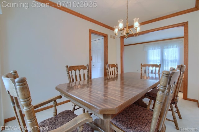 21905 Roxbury Dr, Novi, MI 48374 - dining area with a chandelier, ornamental molding, and light carpet