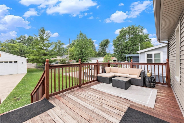 23926 Elmira St, Saint Clair Shores, MI 48082 - deck featuring an outdoor living space, a yard, an outbuilding, and a garage