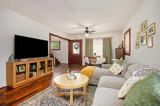 23926 Elmira St, Saint Clair Shores, MI 48082 - living room featuring stairs, wood finished floors, and a ceiling fan