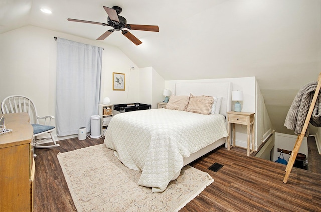 23926 Elmira St, Saint Clair Shores, MI 48082 - bedroom with vaulted ceiling, dark wood finished floors, and a ceiling fan