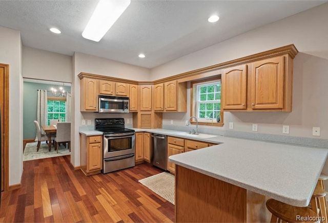 12151 Vergennes St, Lowell, MI 49331 - kitchen featuring stainless steel appliances, light countertops, a peninsula, dark wood-type flooring, and recessed lighting