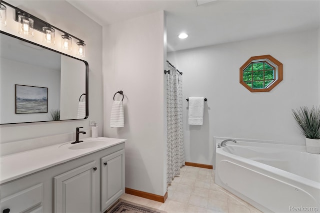 12151 Vergennes St, Lowell, MI 49331 - bathroom with vanity, a bath, tile patterned flooring, a shower with curtain, and recessed lighting