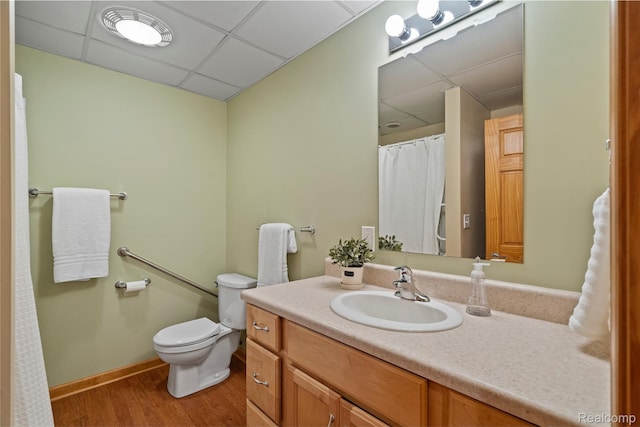 12151 Vergennes St, Lowell, MI 49331 - bathroom with a paneled ceiling, wood finished floors, vanity, and a shower with curtain