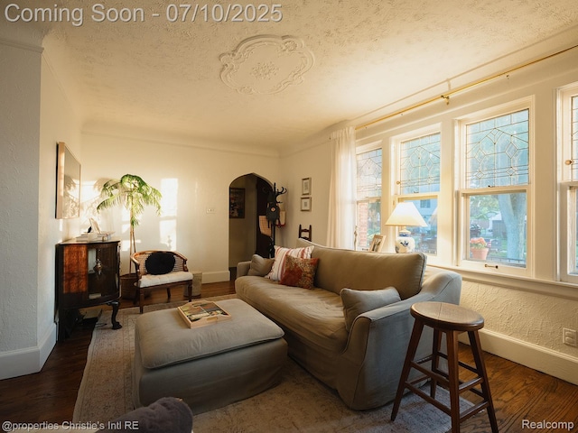 4858 Yorkshire Rd, Detroit, MI 48224 - living room with arched walkways, wood finished floors, a textured ceiling, and a textured wall