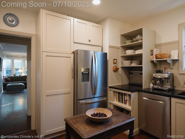 4858 Yorkshire Rd, Detroit, MI 48224 - kitchen featuring stainless steel appliances, open shelves, white cabinetry, and dark countertops