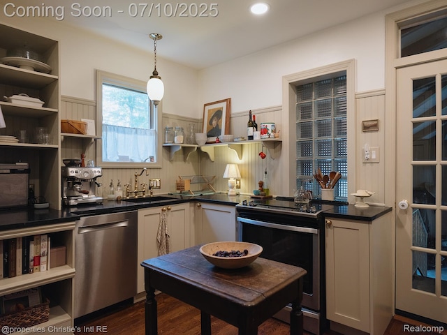 4858 Yorkshire Rd, Detroit, MI 48224 - kitchen with appliances with stainless steel finishes, open shelves, and dark countertops