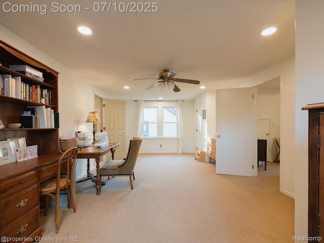4858 Yorkshire Rd, Detroit, MI 48224 - office area featuring light carpet, recessed lighting, and ceiling fan