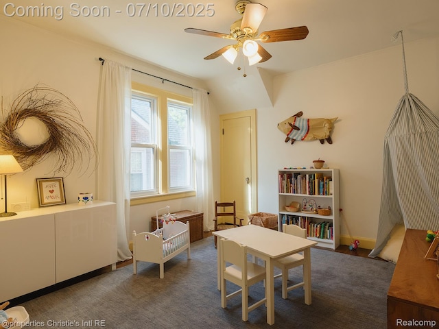 4858 Yorkshire Rd, Detroit, MI 48224 - recreation room featuring ceiling fan and dark colored carpet
