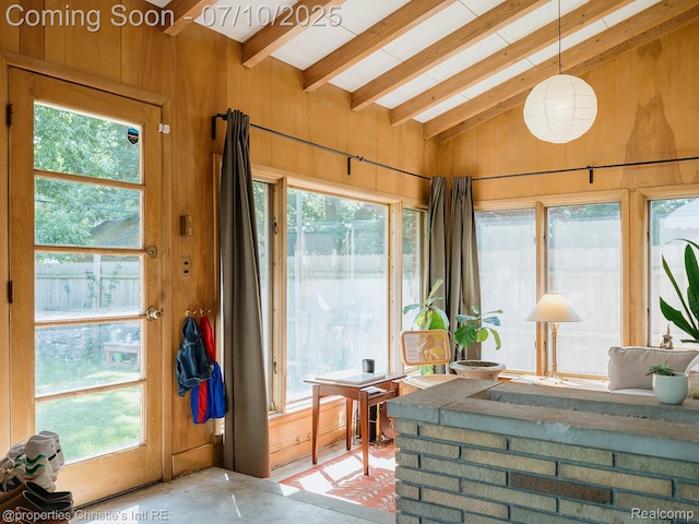4858 Yorkshire Rd, Detroit, MI 48224 - sunroom / solarium with wood walls, beam ceiling, and high vaulted ceiling