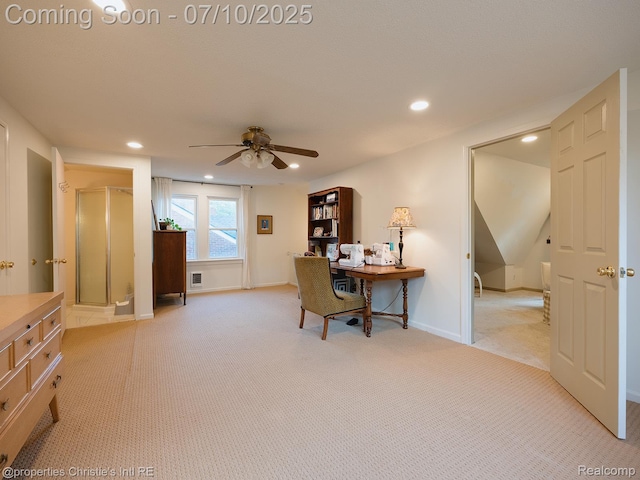 4858 Yorkshire Rd, Detroit, MI 48224 - office area featuring light carpet, recessed lighting, and a ceiling fan