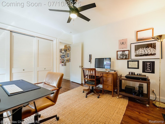 4858 Yorkshire Rd, Detroit, MI 48224 - office area featuring a ceiling fan and dark wood-style flooring