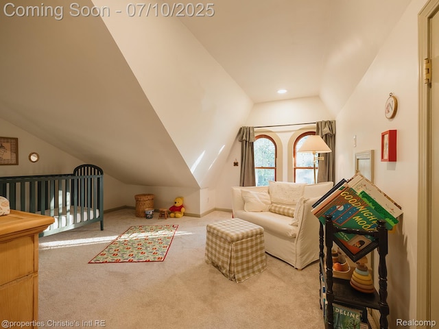 4858 Yorkshire Rd, Detroit, MI 48224 - living room featuring vaulted ceiling, carpet flooring, and recessed lighting
