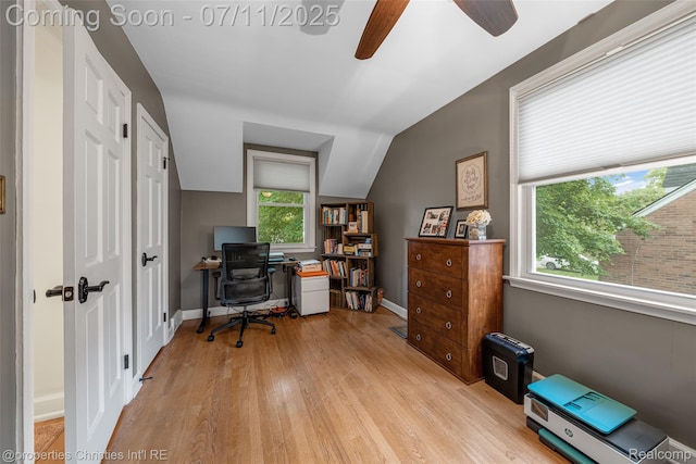 27461 Goldengate Dr W, Lathrup Village, MI 48076 - home office with light wood-style flooring, ceiling fan, and vaulted ceiling