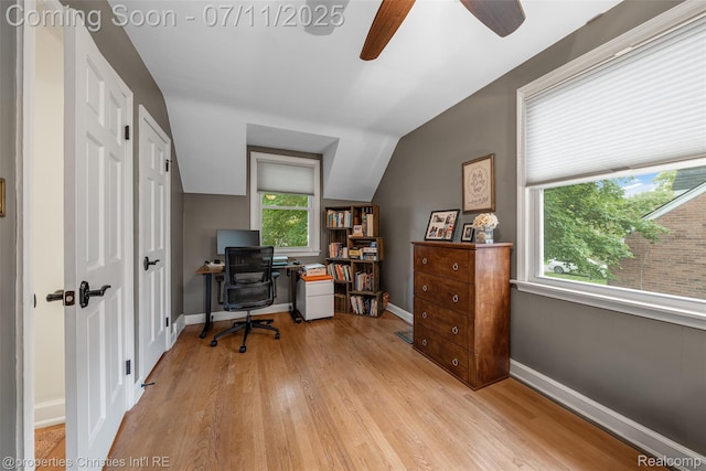 27461 Goldengate Dr W, Lathrup Village, MI 48076 - home office featuring light wood-type flooring, a ceiling fan, and vaulted ceiling