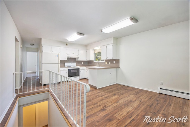 2953-2955 Okemos Dr SE, Grand Rapids, MI 49546 - kitchen featuring white appliances, under cabinet range hood, a baseboard heating unit, wood finished floors, and white cabinets