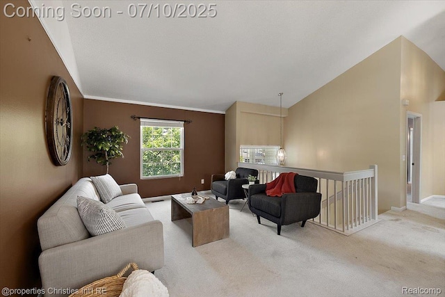 6873 Fox Ln, Waterford, MI 48327 - carpeted living area with vaulted ceiling and baseboards