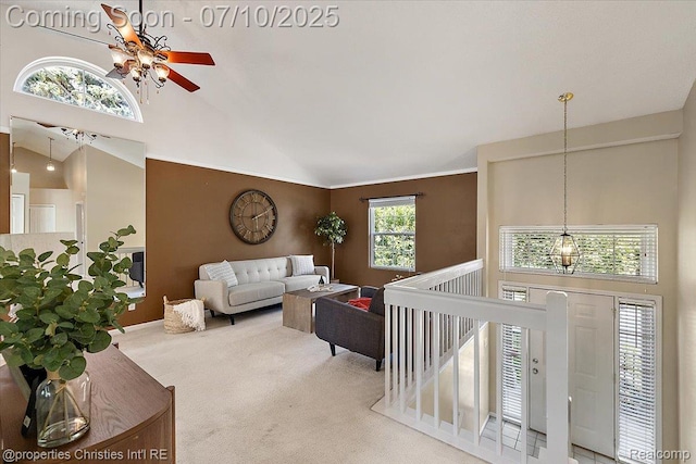 6873 Fox Ln, Waterford, MI 48327 - carpeted living area with a ceiling fan and high vaulted ceiling