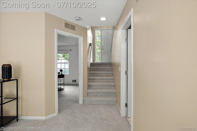 6873 Fox Ln, Waterford, MI 48327 - stairs featuring carpet flooring and a textured ceiling